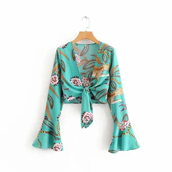 

High-end Women Printed Shirt Vintage Chiffon Flare Sleeve Womens Tops and Blouses Korean brand fashion Women's Clothing
