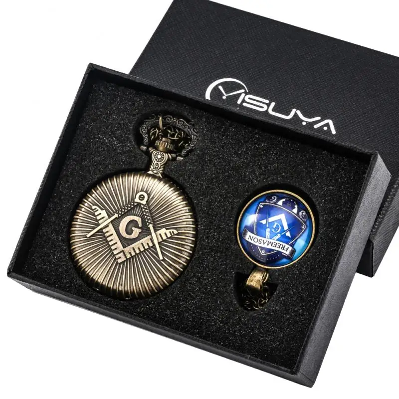 Antique Bronze Freemasonry Chrome Square and Compass Pocket Watch Chain Fashion Blue Masonic Mason Pendant Gifts Set Box | Наручные часы