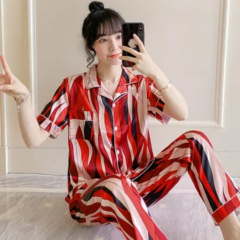 

Foply Spring Summer Satin Pajamas Women Faux Silk Soft Short Sleeve Nightwear Sleepwear Retro Floral Print Homewear Pijamas