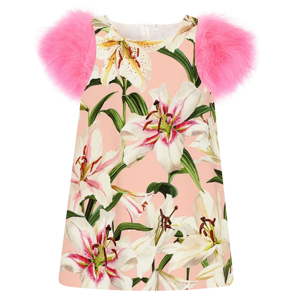 Коллекция года, одежда для маленьких детей платье для девочек модные вечерние платья с принтом больших брендов на день рождения с рукавами из искусственного меха на зиму и осень для маленьких детей