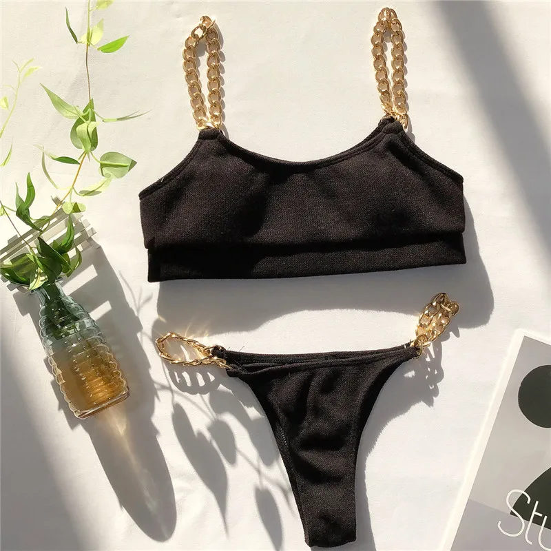 Peachtan Solid bikini 2021 High waist swimwear female Chain swimsuit women Bandeau 2 pieces set Sports bathing suit Ribbed new bikini shorts set