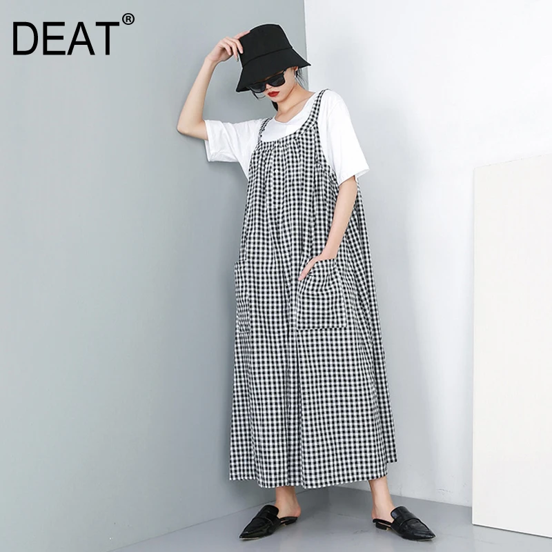 

[DEAT] 2019 New Autumn Winter High Waist Pocket Stitch Black Plaid Big Size Loose Wide Leg Pants Women Jumpsuit Fashion JR18