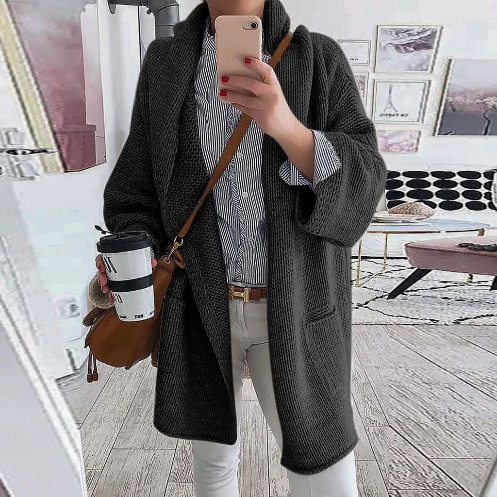 Вязаный женский свитер, модный, Повседневный, однотонный, Открытый спереди, длинный рукав, вязаный свитер, кардиганы, пальто, pull femme nouveaute зима