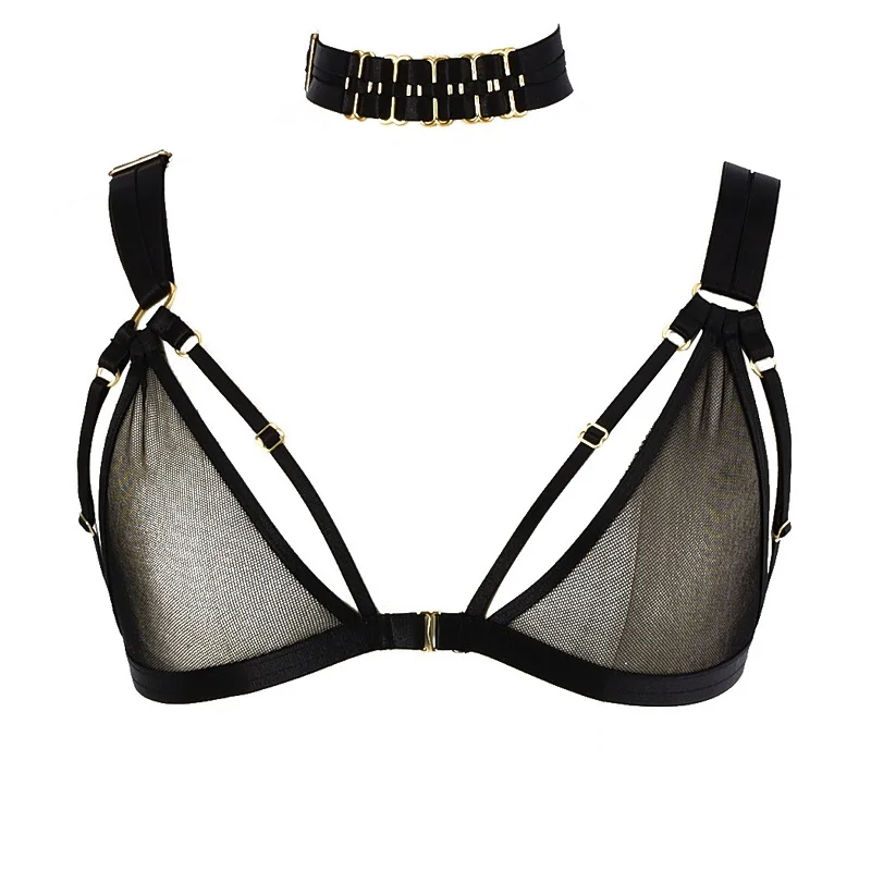 Ladies black lace sling set bra perspective short cage bra sling sexy body bondage goth Harajuku sling belt handmade body sling
