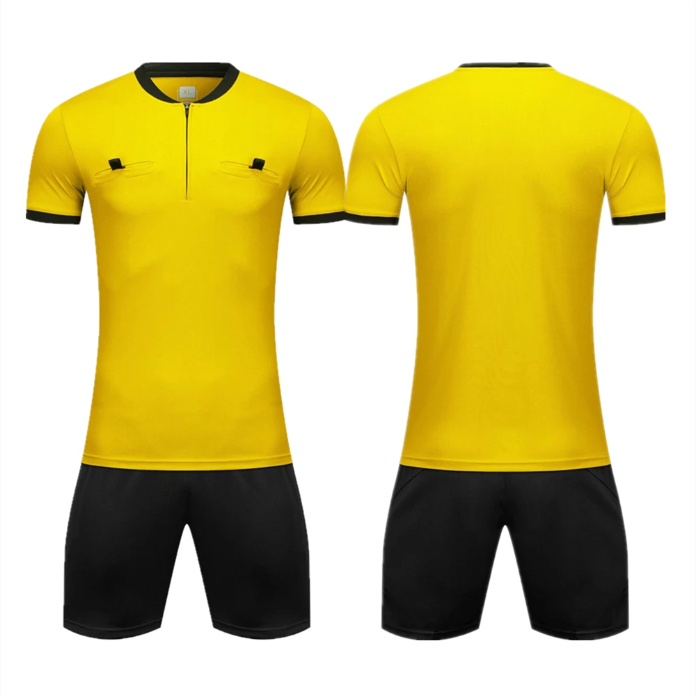 Professional Referee Soccer Jersey Set Adult Football Referee Uniform Short Sleeve Half Zipper Judge Shirt Three Pockets Shorts