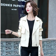 2021 Spring Autumn New Motorcycle Leather Coat Women's Short Korean Style Tailored Collar Casual Slim Small White Jacket Fashion