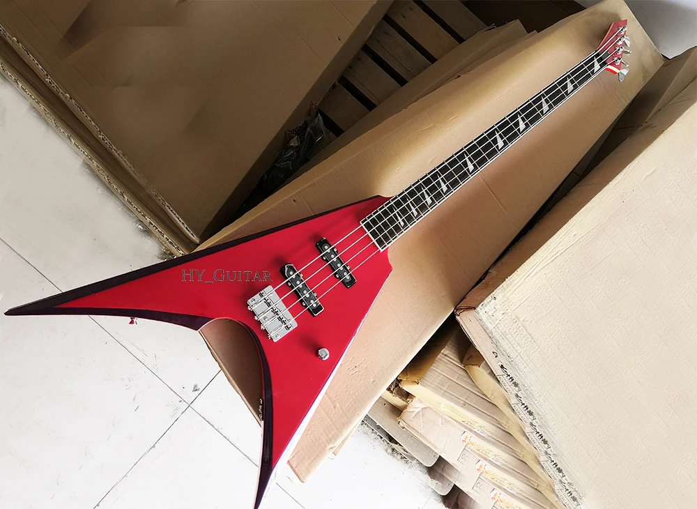 4 Strings Red V Shaped Electric Bass Guitar With Rosewood Fretboard,24