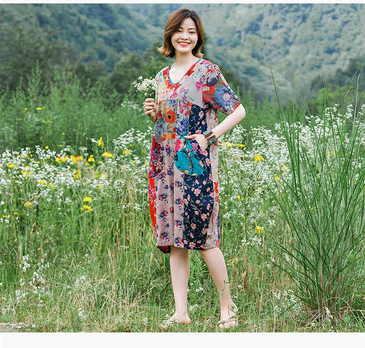 National Wind WOMEN'S Dress zhi pai Manufacturers Direct Selling Dress Summer Pure Cotton Printed Joint Pullover Dress Mid-lengt