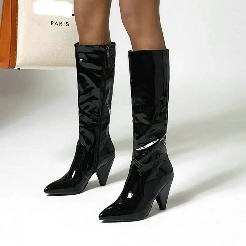 2020 Fashion Women Knee High Boots Pu Leather Spike Heels Long Boots
