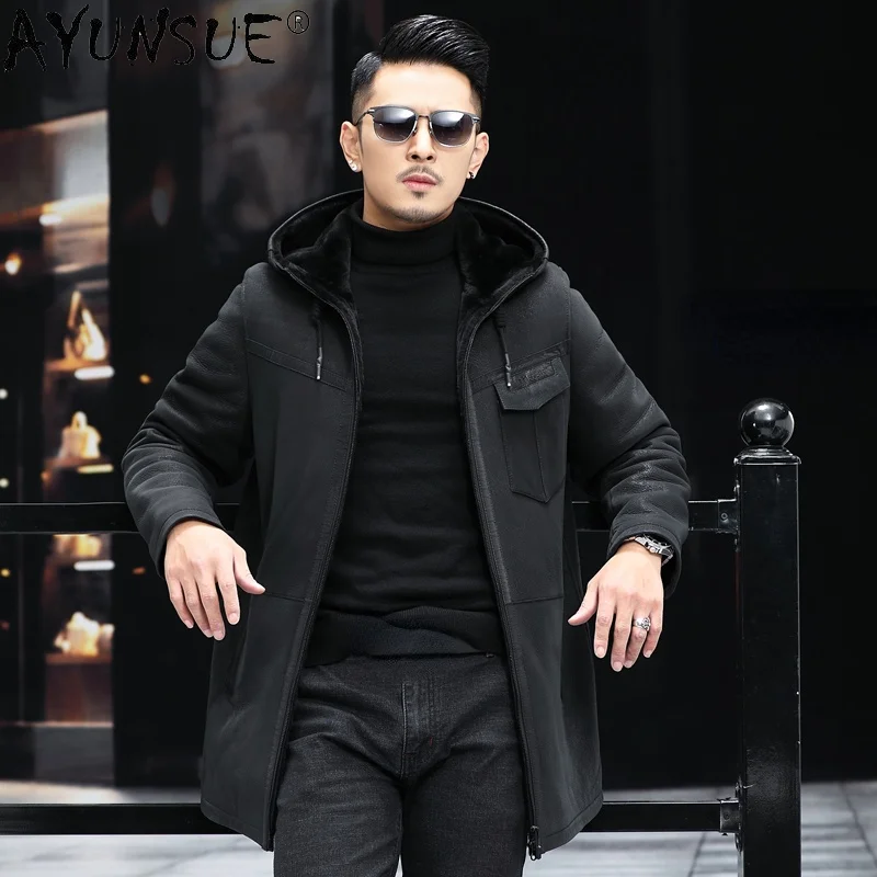 

AYUNSUE Natural Fur Coats Men's Hooded Sheepskin Leather Jackets 2021 Winter Warm Woolen Lining Outwear Jaqueta Masculina Gmm352