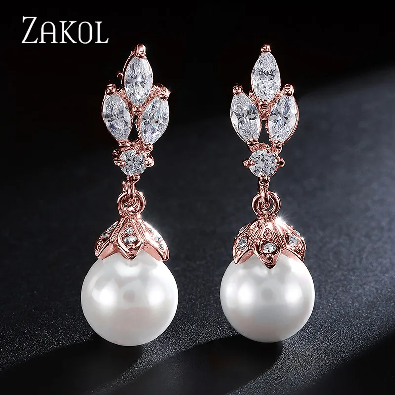 Rose Gold Color Женские серьги-капли в форме листа из нежного кубического циркония ZAKOL, модные свадебные украшения с искусственным жемчугом, подарок FSEP517 - Окраска металла: Rose Gold Color
