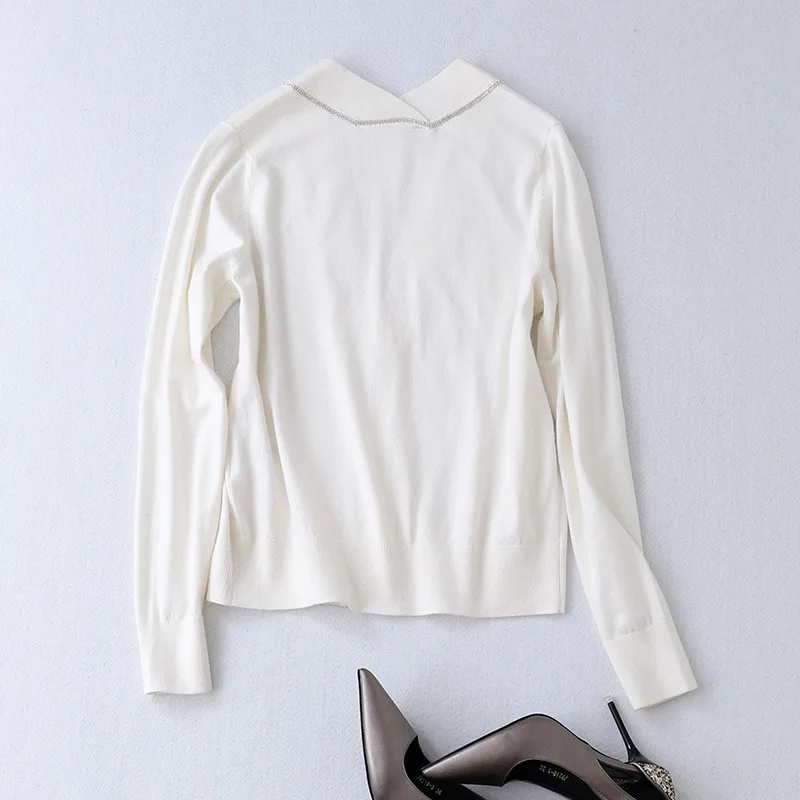 ^Cheap Wool Short Sweater Women's 2019 Spring And Autumn New Products V-neck Chain Woollen Sweater Thin Knitted Cardigan