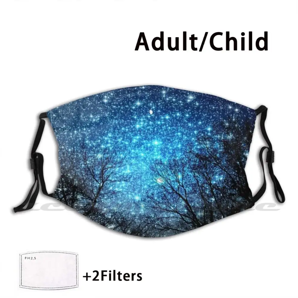 

Black Trees Sparkle Blue Space Custom Pattern Washable Filter Pm2.5 Adult Kids Mask Starry Night Blue Stars Blue And Black Blue