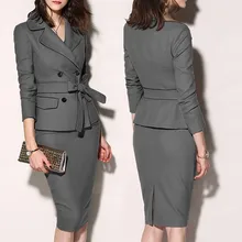 Fall Party Dress Womens Suit Solid Ol Gray Pencil Buttons Dress Deep V Neck Long Sleeve Elegant Slim Bodycon Work Dress#4