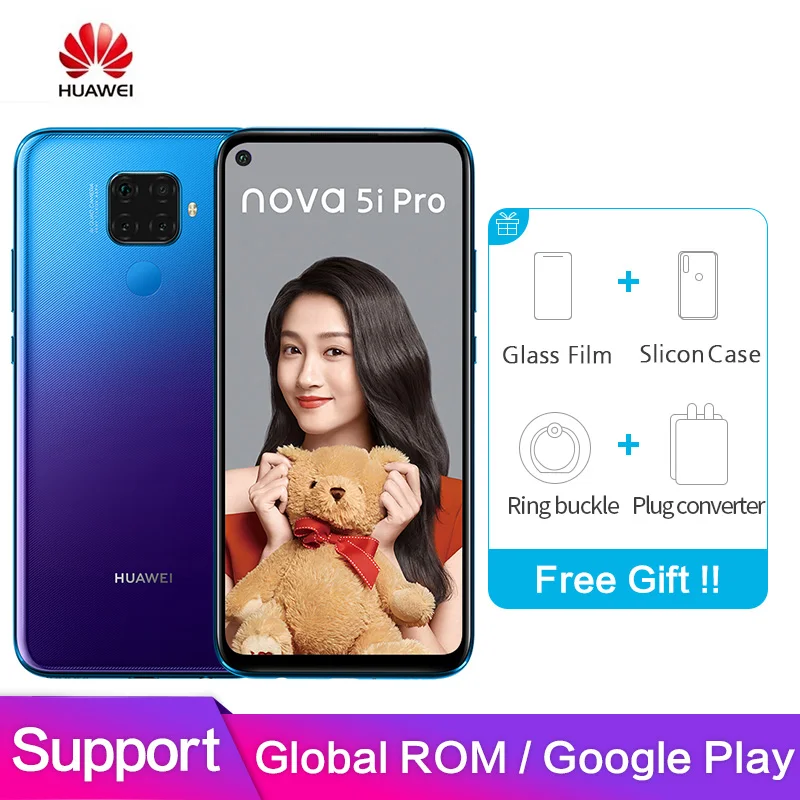 Цена Huawei Nova 5i Pro Global rom Поддержка Google play 6,26 дюймов полный экран 8 Гб 128 ГБ Kirin 810 Octa Core 48MP Quad camera Smartphon