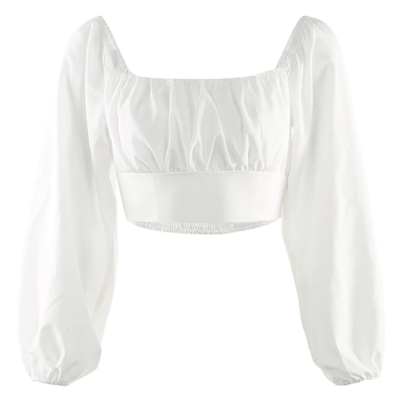 HEYounGIRL элегантный винтажный укороченный Топ Футболка женская пышная белая футболка с длинными рукавами женская футболка со сборкой с u-образным вырезом Женская Осенняя - Цвет: Белый