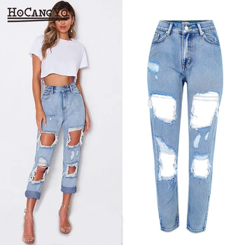 

Women Big Hole Ripped 100% Cotton Denim Pants Womens High Waist Jeans Distressed Vintage Bleached Loose Cotton Jeans Trousers