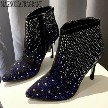 

2019 Autumn and Winter New Rhinestone Color ankle Pointed High Heels ankle Boots Female Thin with Side Zipper Sexy Booties y346