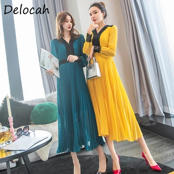 

Delocah Summer Women Fashion Runway Midi Dress Sexy V-Neck Solid Printed Female Party Big Swing Pleated Dresses vestidos 2020