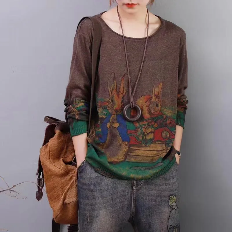 Свитера с мультяшным принтом для женщин Осенние повседневные вязаные пуловеры Ретро Свитера Женские CXCZ40 - Цвет: B