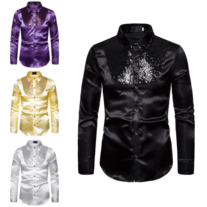 Men top Stage Dance Nightclub Prom Costume Men's Luxury Sequin Glitter Shirts Long Sleeve Silk Satin Shiny Disco Party Shirt
