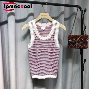 

Tpmaccool luxury designer Striped knitted Female Summer WOMEN Sleeveless Vest Letters Embroidery Pullover slim TOP Tanks Camis