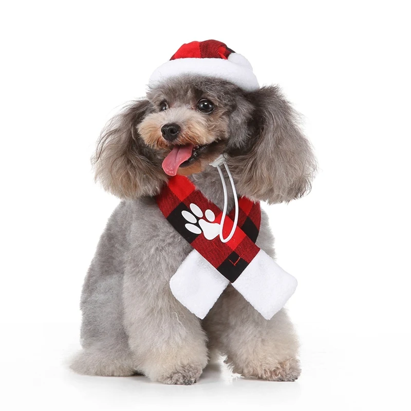 

Pet Winter Hat And Scarf Set, Red And Black Plaids Holidays And Festivals Costume For Small Dogs