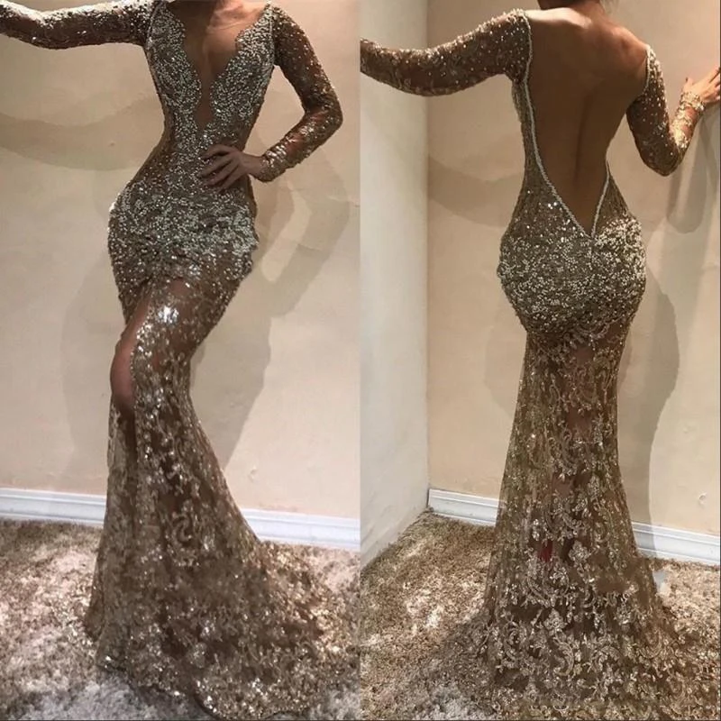 Vintage Sparkly Prom Lace Evening Dresses Long Sleeve Deep V neck Split ...