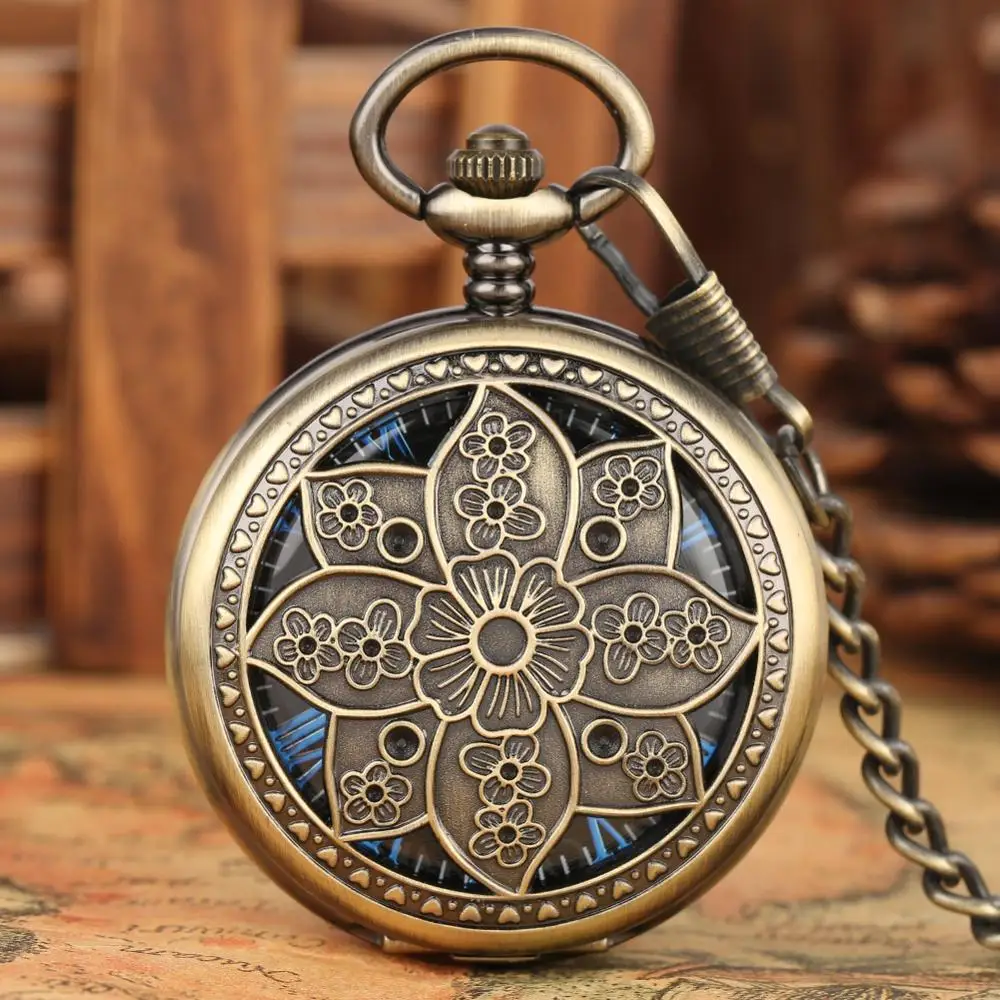 Bronze Lotus Flower Hollow Case Hand-winding Mechanical Pocket Watches Blue Roman Dial FOB Clock Skeleton Watch Chain zakhorloge | Наручные