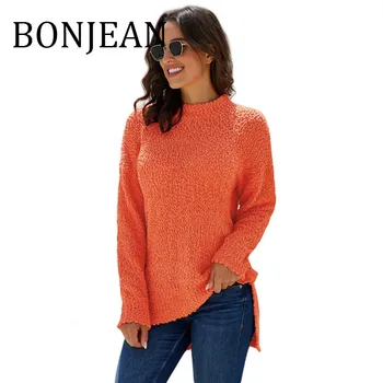 

BONJEAN 2019 Autumn Irregular Tops and Pullovers Long Sleeve Orange Sweaters for Women Casual Black Knitted Sweaters BJ1596