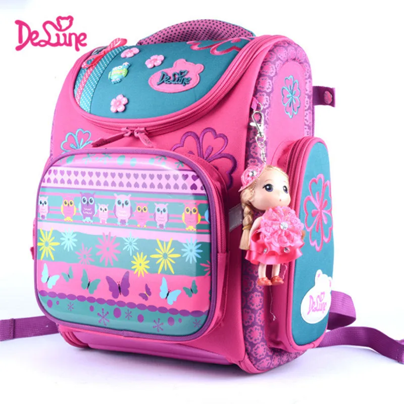 Delune От 5 до 9 лет с фабрики, новые школьные сумки, ортопедический рюкзак, ранец с рисунком, Mochila Infantil, детский школьный рюкзак для девочек - Цвет: 3-124pinkowl