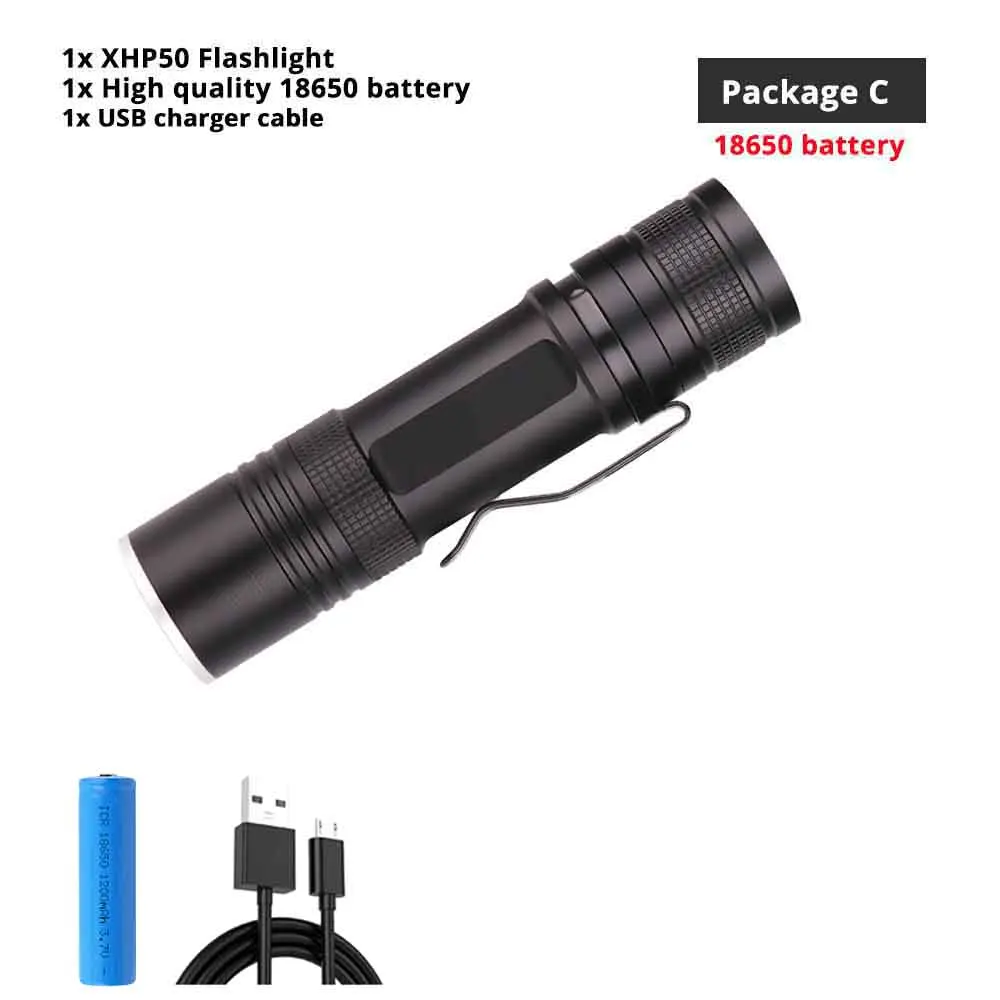 Package C-18650 Powerful XHP50 LED Flashlight USB Charging 3 Lighting Mode Waterproof Tactical Torch Support Zoom Using 18650 or 26650 Battery - Испускаемый цвет: Package C-18650