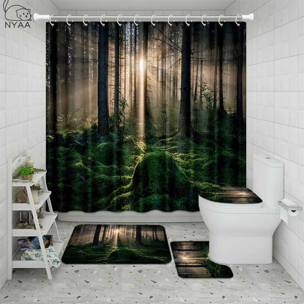 Forest shower curtain Waterproof Bathroom Shower Curtain Mat Non-Slip RugsetYRDE 