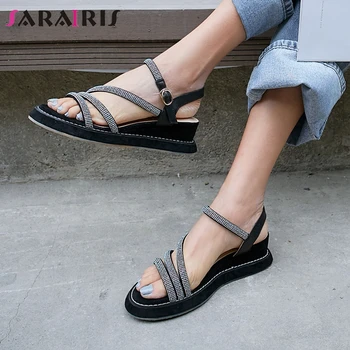 

SARAIRIS Natural Genuine Leather Suede Sandals Women 2020 Summer Wedges Sandals Ladies 2020 Ins Trendy Rhinestone Shoes