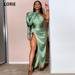 LORIE Shiny Olive Green Dress Mermaid with Puffy Sleeve One Shoulder Prom Dresses Princess Celebrity Party Gown High Slit Split