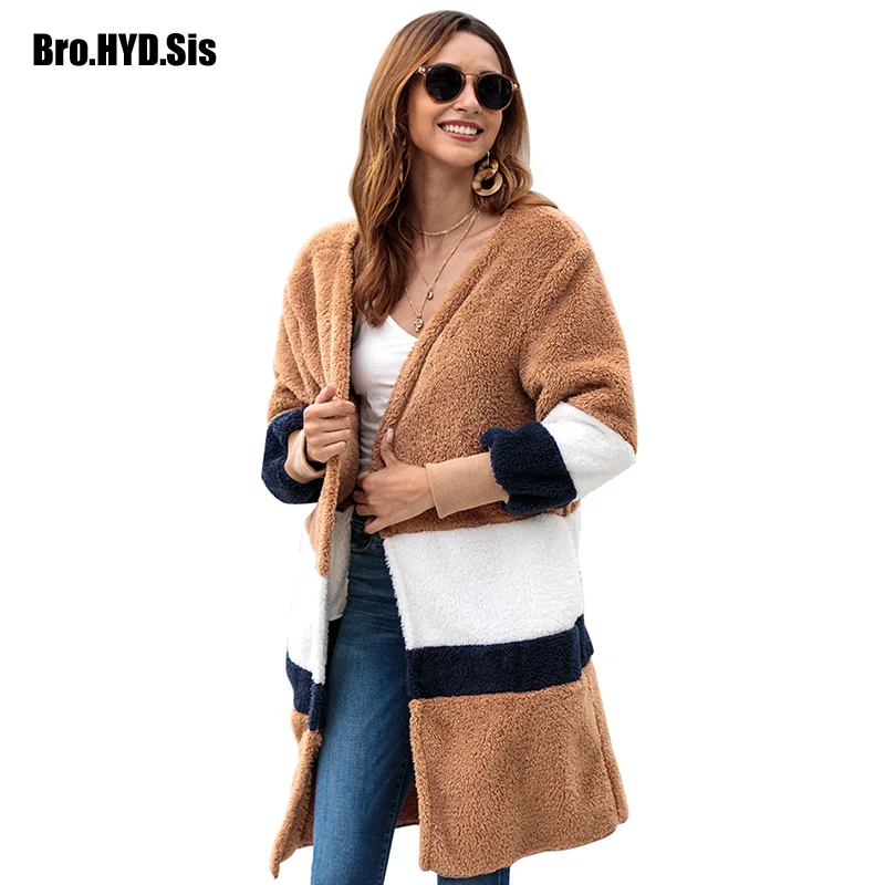 

2019 Autumn New Loose Fit Striped Fuzzy Sweater Long Cardigan Plush Coat Open Front Female Tops Khaki Winter Clothes EU Size