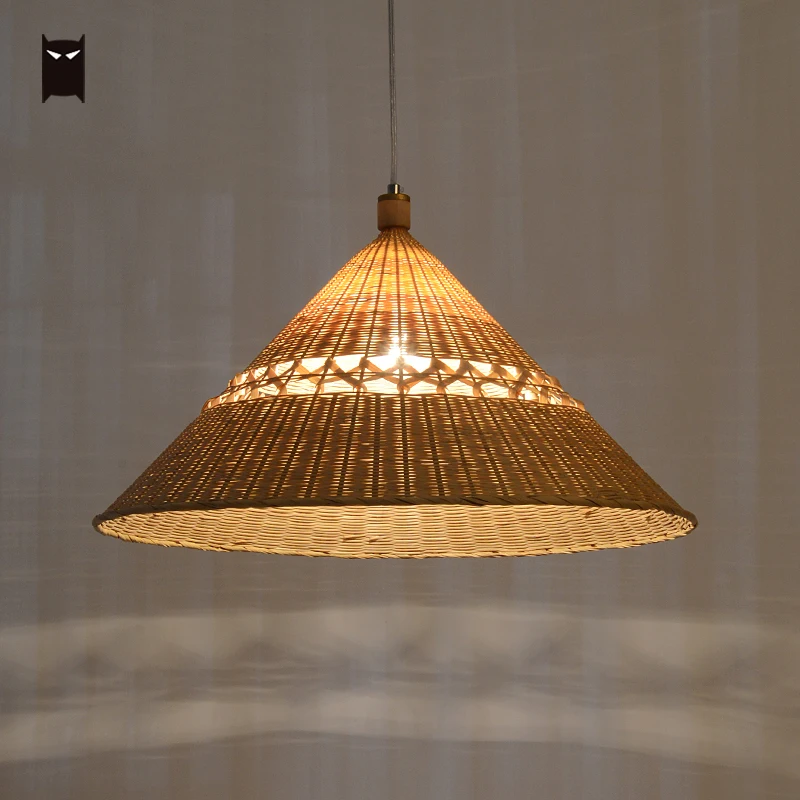 Delicate Bamboo Wicker Rattan Cap Pendant Lighting Fixture Zen Japanese