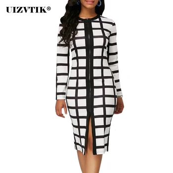 

Summer Dress Women 2020 Casual Plus Size Slim Black White Plaid Zipper Office Pencil Dresses Elegant Sexy Split Long Party Dress
