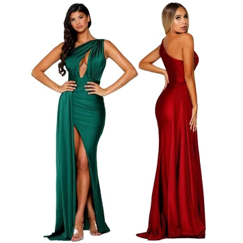

Burgundy Satin maxi dress one shoulder hollow out side splits long evening party dress gown