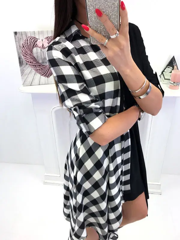 New Womens V-Neck Check Dress Long Sleeve Sashes Loose V Neck Plaid Tops Casual Sexy Mini Dress