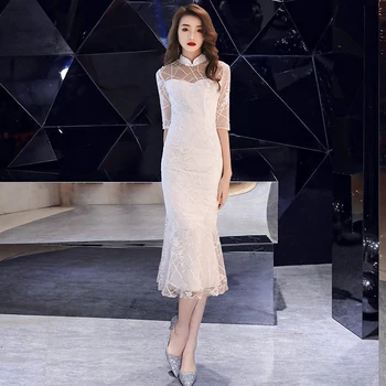 

Elegant Mermaid Chinese Style Evening Party Dress Female Exquisite Mandarin Collar Qipao Cheongsam Novelty Flower Mesh Vestidos