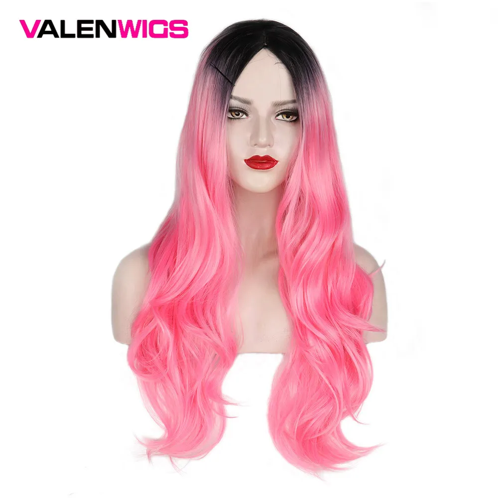 

ValenWigs 28 Inches Long Wavy Ombre Wig Two Tones Black To Pink Synthetic Wig Glueless Cosplay Party Fake Hair Wigs For Women