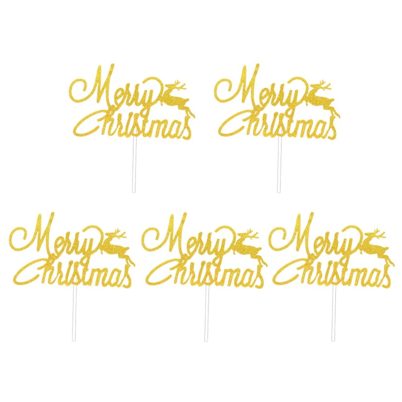 GD 5pcs/bag Merry Chrismas Cupcake Toppers Rose Gold Deer Snow White Party Xmas Decoration Cake Topper New Year Cake Decoration - Цвет: GD