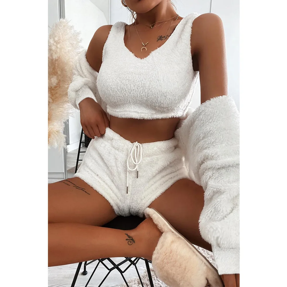 

Women Autumn Winter 3 Pieces Set Sexy Flannel Crop Tank Top+Shorts+Cardigans Suit Fashion Cozy Fuzzy Female Warm Suits