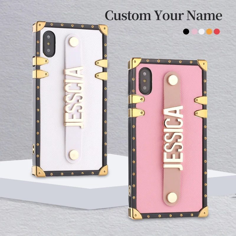 For iPhone 12 11 Pro XS Max XR 7 7Plus 8 8Plus X Custom Leather Trunk Case Holding Strap Gold Metal Personalized Name Phone Case