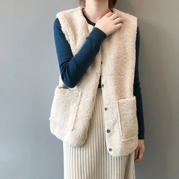 

HLHPYHB Autumn Woman Fluffy Lamb Wool Vest Coat Female Lovely Warm Plush Tanks Outwear Winter Coffee Loose Waistcoat Tops