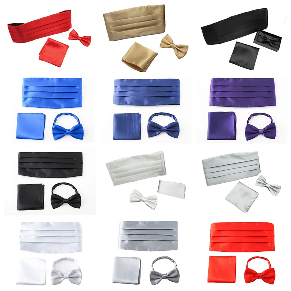  Men Solid Satin Cummerbund Bow Tie Pocket Square Handkerchief Wedding Party Set