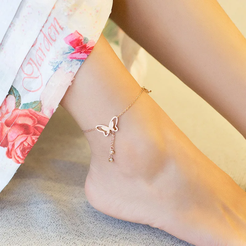 

Korean-style Butterfly Tassels Anklet Women's 18K Rose Gold Color Screen Red Students Does Not Fade Versatile Coin Anklet Access