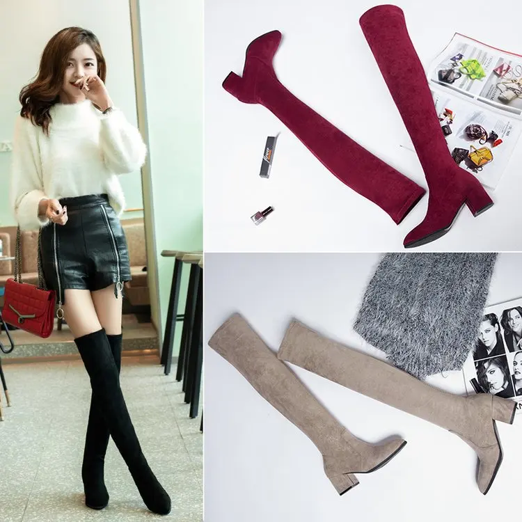 Женские сапоги до бедра; зимние женские сапоги выше колена с острым носком; эластичные сапоги из толстой замши; B10