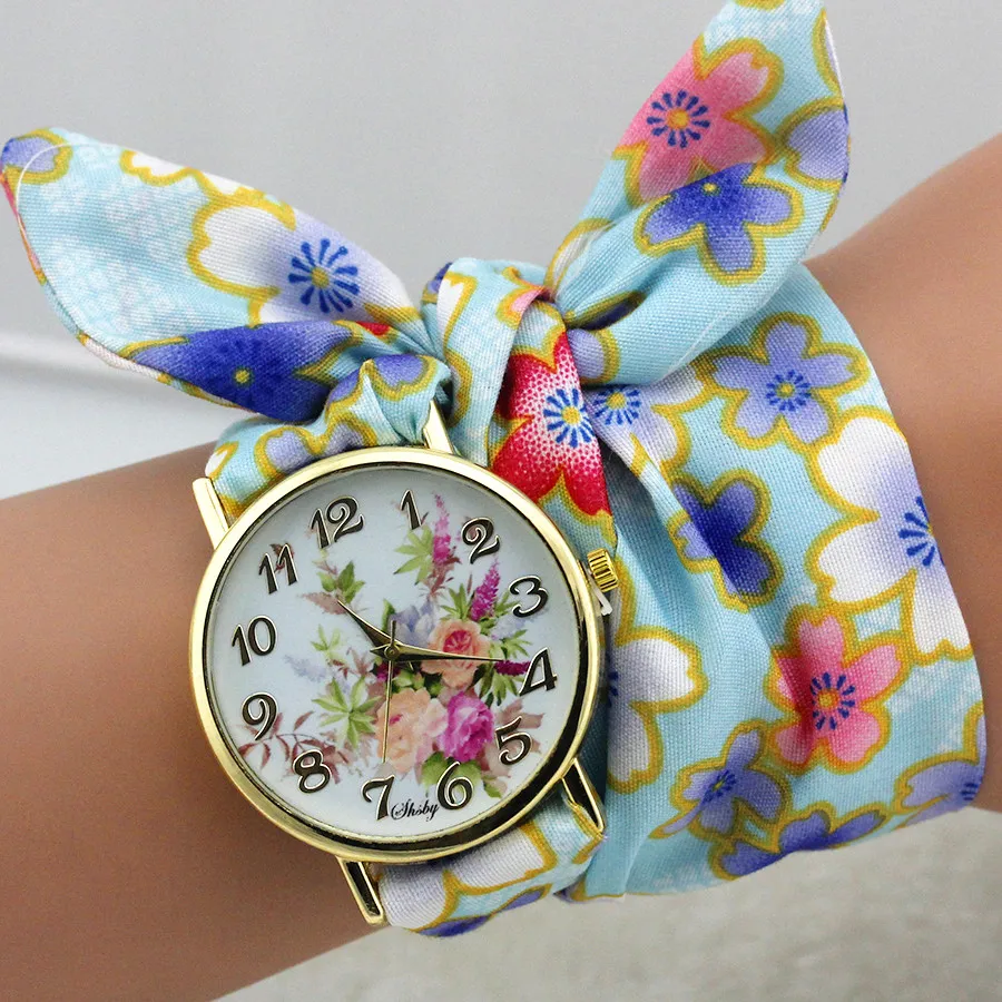 Shsby Design Ladies Flower Cloth Wrist Watch Gold Fashion Women Dress Watches High Quality Fabric Clock Sweet Girls Watch 5